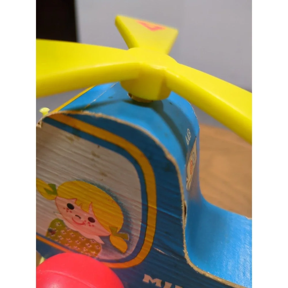Vtg 1970 Fisher Price Mini Copter Pull Toy 448 Wood Helicopter Works Gnawd Strng